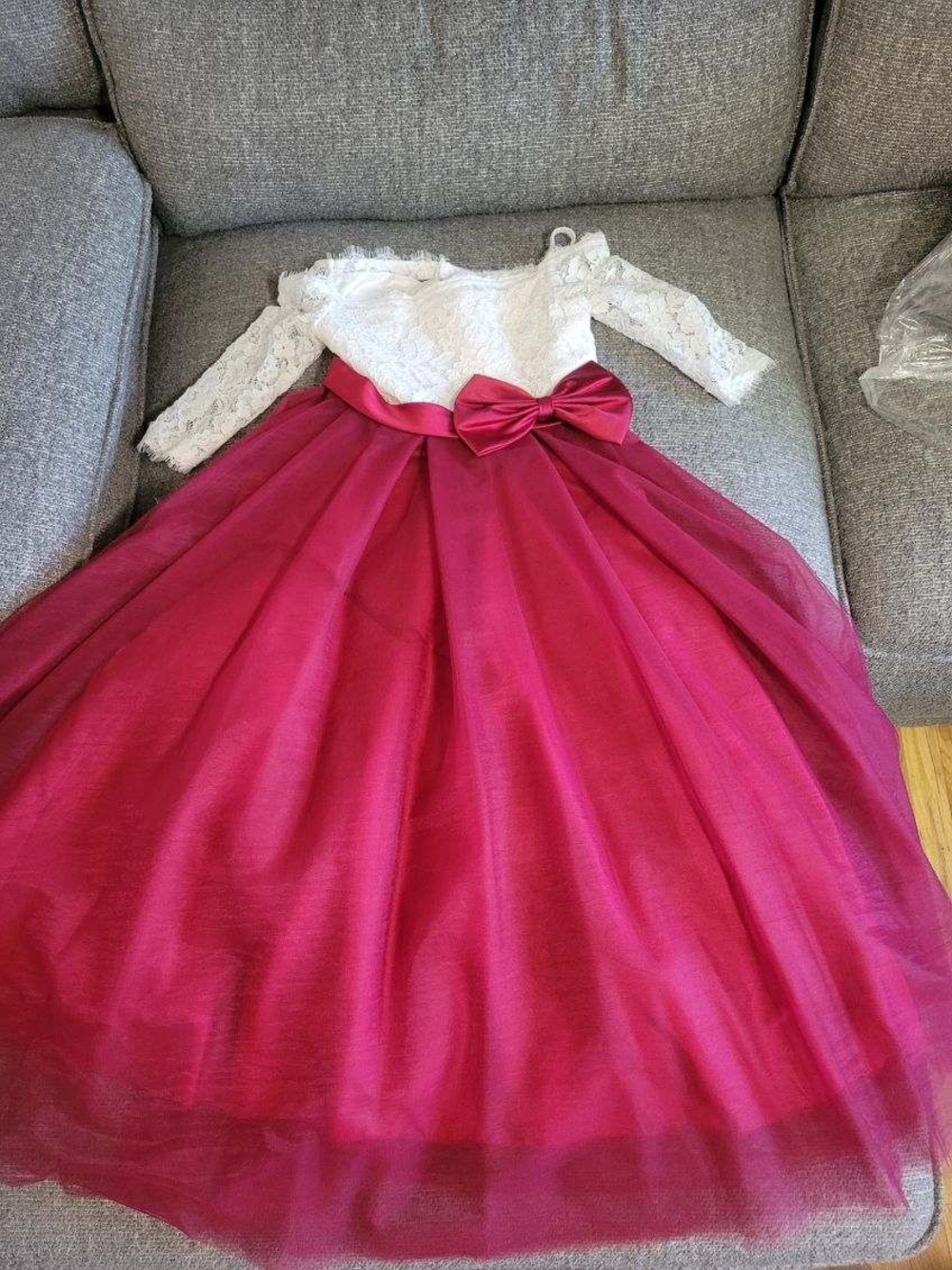 Girls White Lace & Burgendy Tulle Flower Girl Dress With Bow Size 12